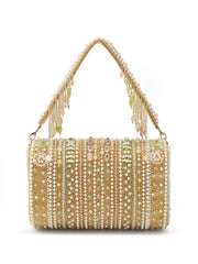 Blush & Bead Accent Beads Embellished Velvet Clutch - Beige