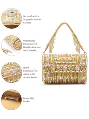 Blush & Bead Accent Beads Embellished Velvet Clutch - Beige