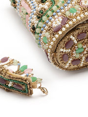 Blush & Bead Accent Beads Embellished Velvet Clutch - Metallic Gold
