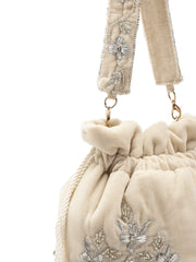 Dewdrop Fringe Floral Zari Embroidered Velvet Potli