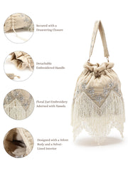 Dewdrop Fringe Floral Zari Embroidered Velvet Potli