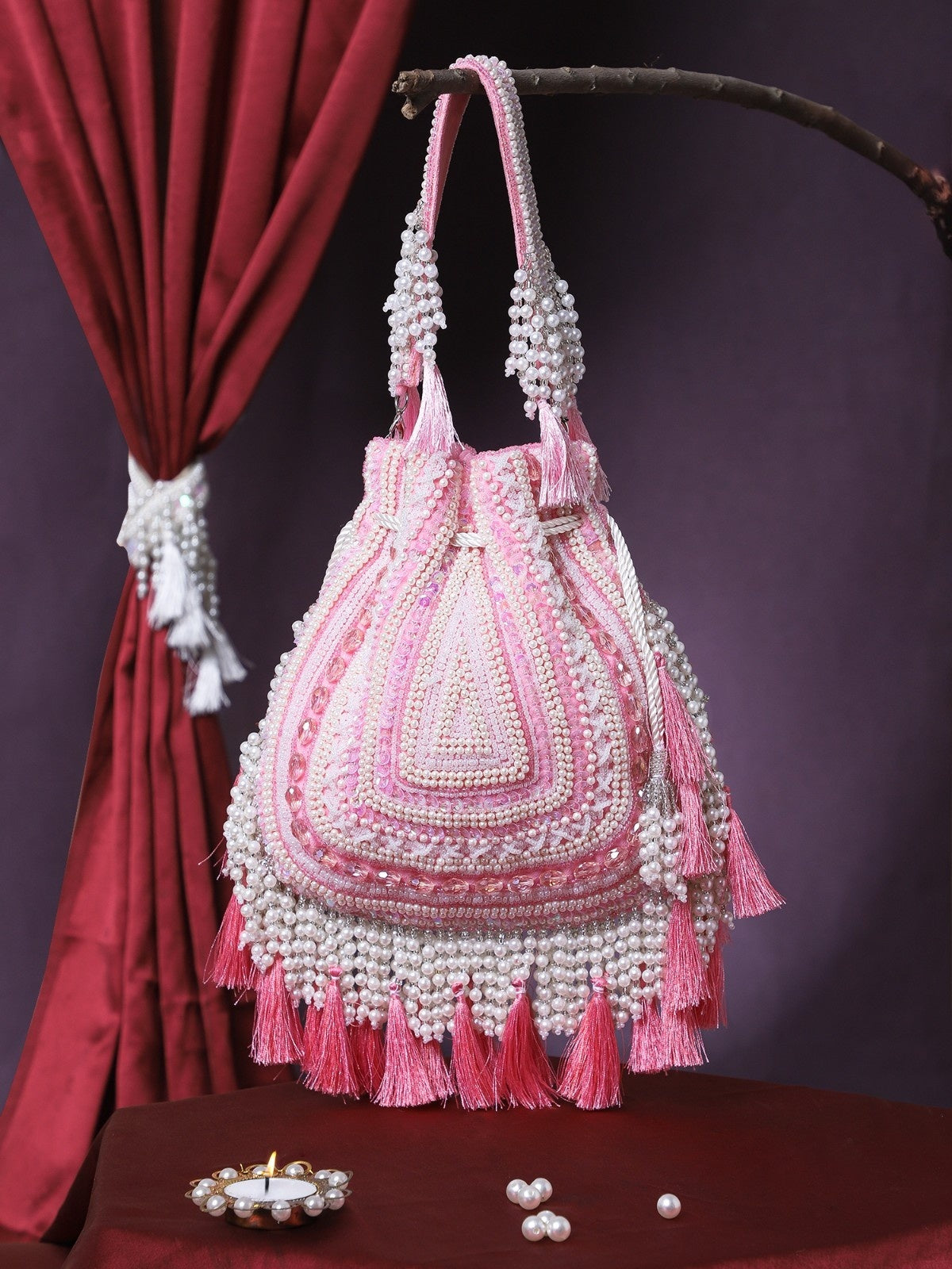 Dewdrop Fringe Embellished Velvet Potli