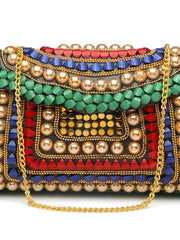 Mosaic Stone Work Embellished Metal Clutch