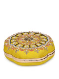 Anekaant Adorn Lemon Yellow, Pearl & Pink Floral Embellished Faux Silk Clutch