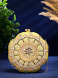 Anekaant Adorn Lemon Yellow, Pearl & Pink Floral Embellished Faux Silk Clutch