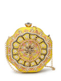Anekaant Adorn Lemon Yellow, Pearl & Pink Floral Embellished Faux Silk Clutch
