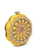 Anekaant Adorn Lemon Yellow, Pearl & Pink Floral Embellished Faux Silk Clutch
