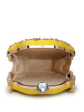 Anekaant Adorn Lemon Yellow, Pearl & Pink Floral Embellished Faux Silk Clutch