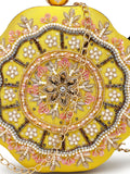 Anekaant Adorn Lemon Yellow, Pearl & Pink Floral Embellished Faux Silk Clutch
