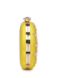 Anekaant Adorn Lemon Yellow, Pearl & Pink Floral Embellished Faux Silk Clutch