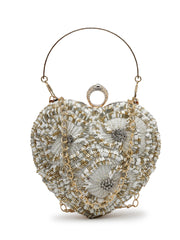 Amour Heart Shaped Floral Embellished Faux Silk Clutch