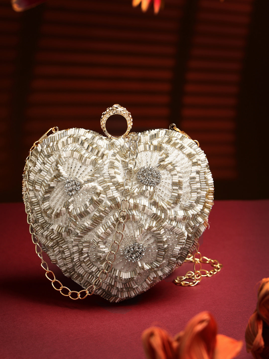Amour Heart Shaped Floral Embellished Faux Silk Clutch