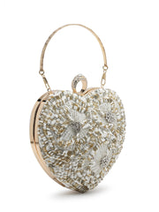 Amour Heart Shaped Floral Embellished Faux Silk Clutch