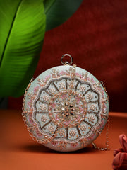 Anekaant Adorn Sage & Multi Floral Embellished Faux Silk Clutch