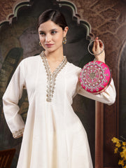 Adorn Faux Silk Floral Mandala Embellished Clutch