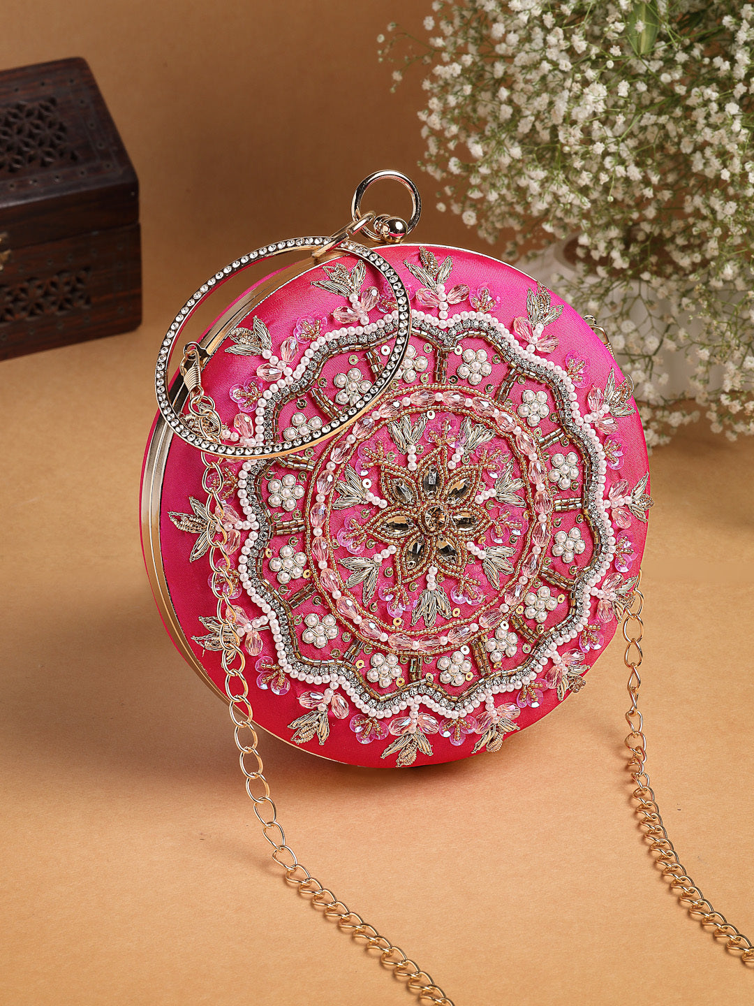 Adorn Faux Silk Floral Mandala Embellished Clutch