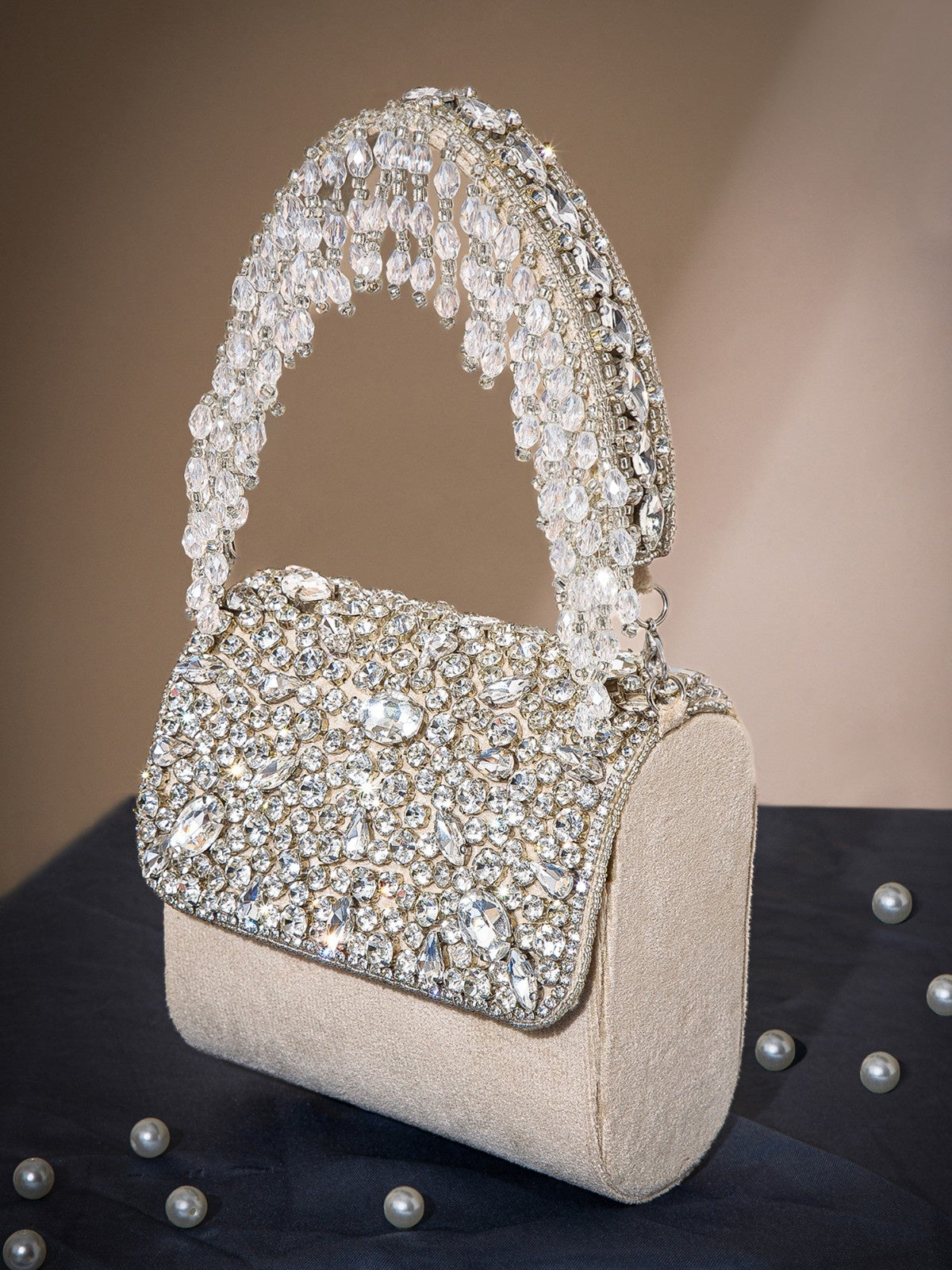 Crystal Cascade Stone Embellished Suede Clutch