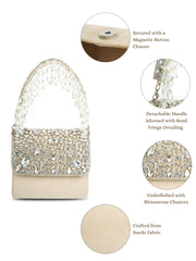 Crystal Cascade Stone Embellished Suede Clutch