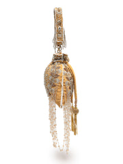 Dewdrop Fringe Beige & Multi Floral Embellished Suede Potli