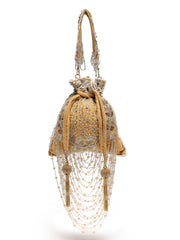 Dewdrop Fringe Beige & Multi Floral Embellished Suede Potli