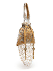 Dewdrop Fringe Beige & Multi Floral Embellished Suede Potli