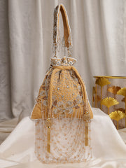 Dewdrop Fringe Beige & Multi Floral Embellished Suede Potli