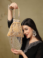 Dewdrop Fringe Beige & Multi Floral Embellished Suede Potli