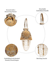 Dewdrop Fringe Beige & Multi Floral Embellished Suede Potli