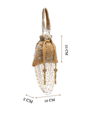 Dewdrop Fringe Beige & Multi Floral Embellished Suede Potli