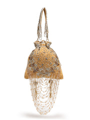 Dewdrop Fringe Beige & Multi Floral Embellished Suede Potli