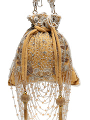 Dewdrop Fringe Beige & Multi Floral Embellished Suede Potli