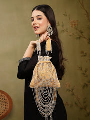 Dewdrop Fringe Beige & Multi Floral Embellished Suede Potli