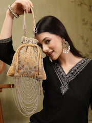 Dewdrop Fringe Beige & Multi Floral Embellished Suede Potli