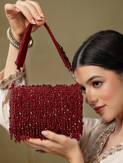 Crystal Cascade Wine Red Crystal Fringe Embellished Suede Clutch