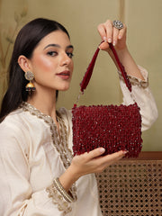 Crystal Cascade Wine Red Crystal Fringe Embellished Suede Clutch