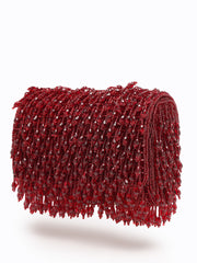 Crystal Cascade Wine Red Crystal Fringe Embellished Suede Clutch