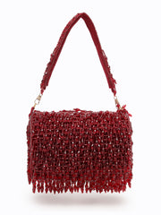 Crystal Cascade Wine Red Crystal Fringe Embellished Suede Clutch