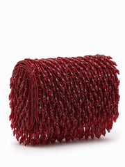 Crystal Cascade Wine Red Crystal Fringe Embellished Suede Clutch