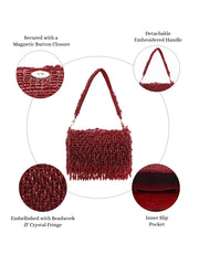 Crystal Cascade Wine Red Crystal Fringe Embellished Suede Clutch