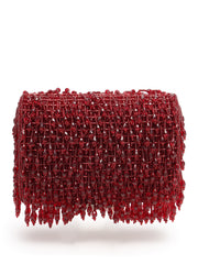 Crystal Cascade Wine Red Crystal Fringe Embellished Suede Clutch