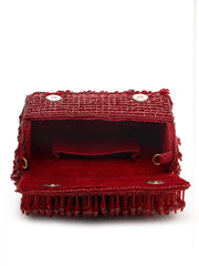 Crystal Cascade Wine Red Crystal Fringe Embellished Suede Clutch