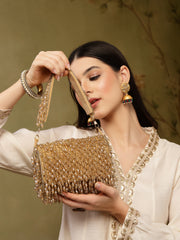 Crystal Cascade Beige & Gold Crystal Fringe Embellished Suede Clutch