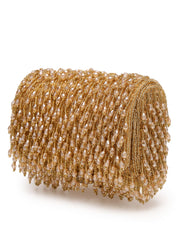 Crystal Cascade Beige & Gold Crystal Fringe Embellished Suede Clutch