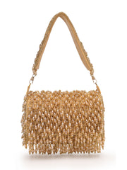 Crystal Cascade Beige & Gold Crystal Fringe Embellished Suede Clutch