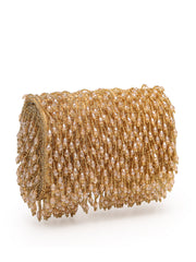 Crystal Cascade Beige & Gold Crystal Fringe Embellished Suede Clutch