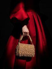 Crystal Cascade Beige & Gold Crystal Fringe Embellished Suede Clutch