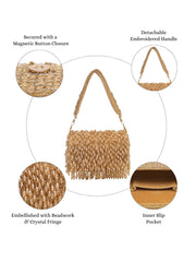 Crystal Cascade Beige & Gold Crystal Fringe Embellished Suede Clutch