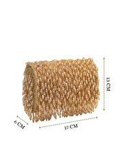 Crystal Cascade Beige & Gold Crystal Fringe Embellished Suede Clutch