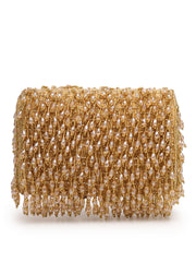 Crystal Cascade Beige & Gold Crystal Fringe Embellished Suede Clutch
