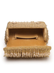Crystal Cascade Beige & Gold Crystal Fringe Embellished Suede Clutch